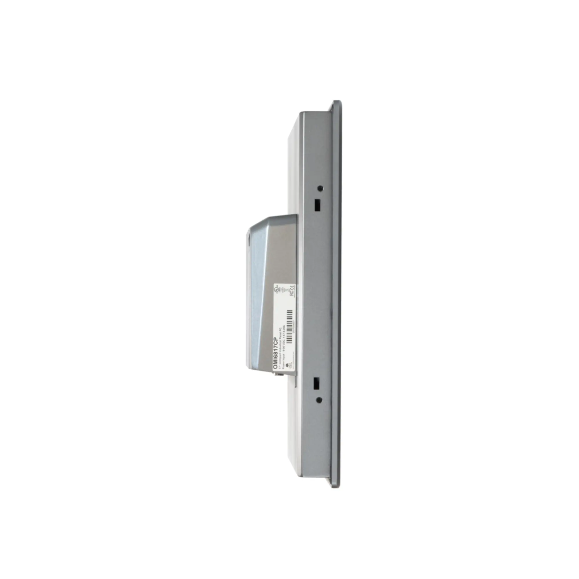 Maple Systems OMI6817CP 17" Industrial Panel PC with Windows or Linux OS, up to 32GB RAM and up to 2TB Storage side view showing mounting slots and product label placement