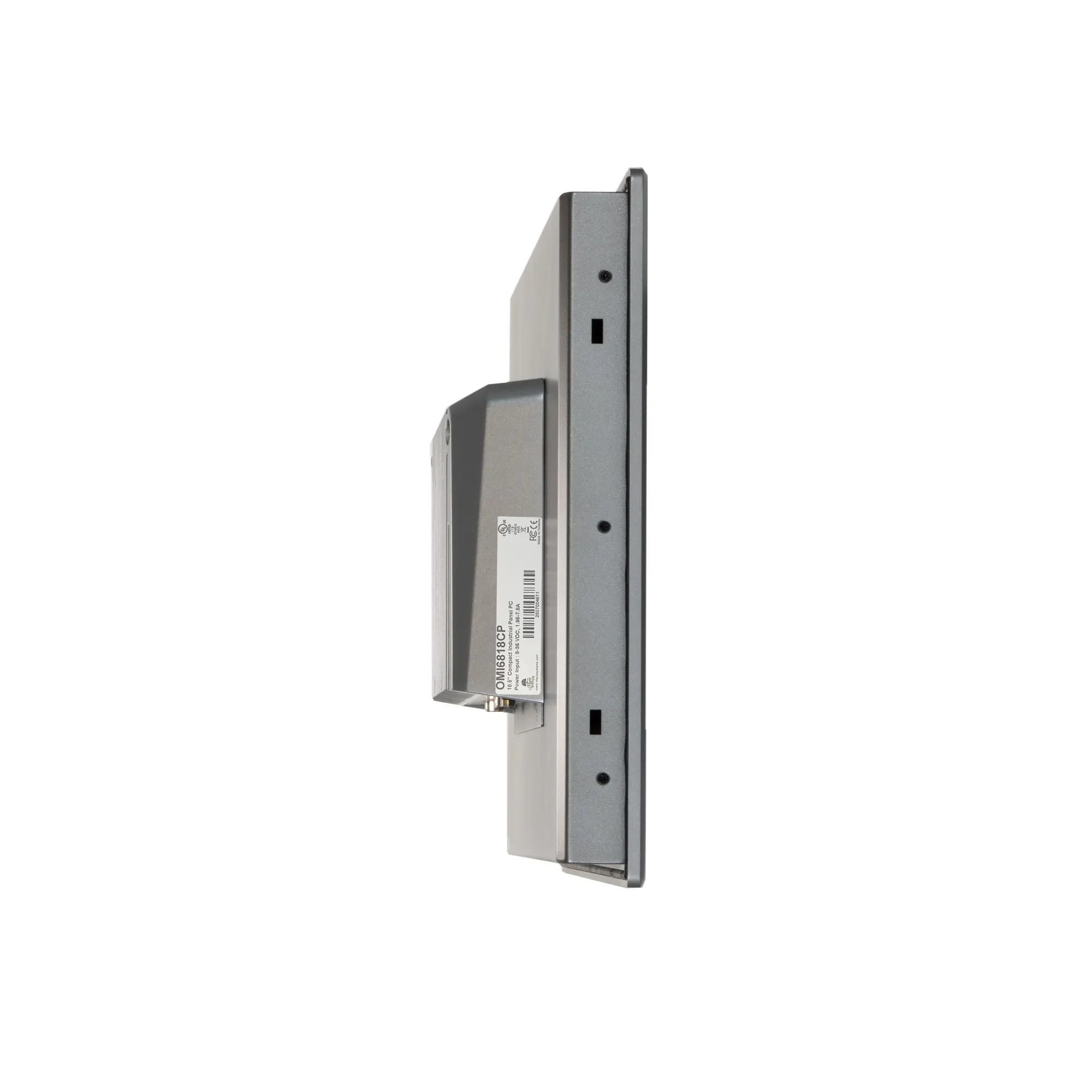 Maple Systems OMI6818CP 18.5" Industrial Panel PC with Windows or Linux OS, up to 32GB RAM and up to 2TB Storage side view showing product label placement and mounting slots
