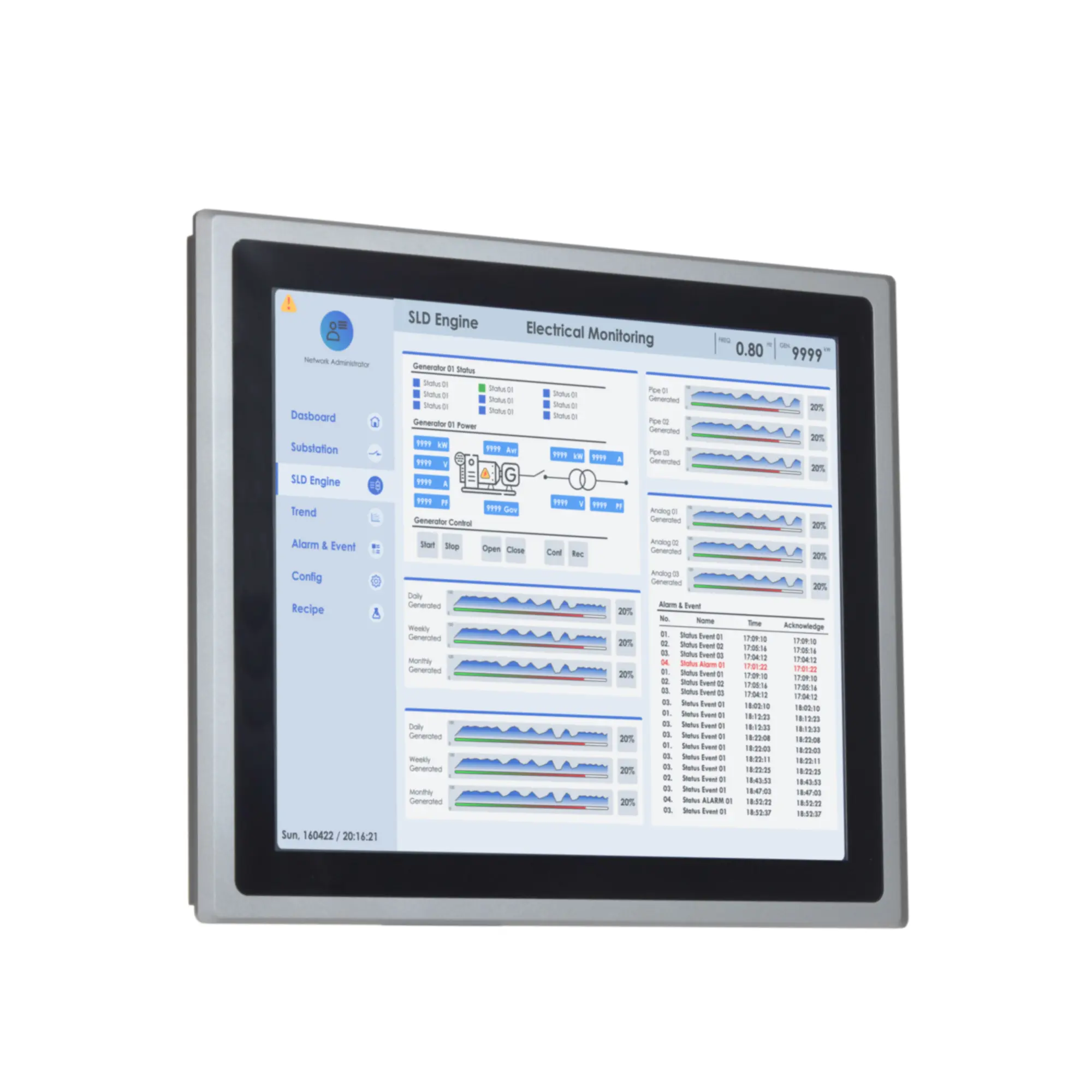 Maple Systems OMI6819CP 19" Industrial Panel PC with Windows or Linux OS, up to 32GB RAM and up to 2TB Storage 3 quarter view with image on capacitive touch screen