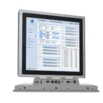 Maple Systems OMI6819CP 19" Industrial Panel PC with Windows or Linux OS, up to 32GB RAM and up to 2TB Storage combo view showing image on capacitive touch screen and rear IO ports