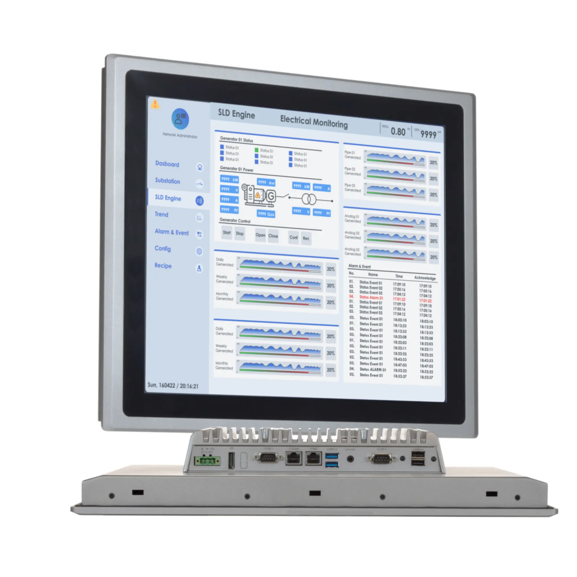 Maple Systems OMI6819CP 19" Industrial Panel PC with Windows or Linux OS, up to 32GB RAM and up to 2TB Storage combo view showing image on capacitive touch screen and rear IO ports