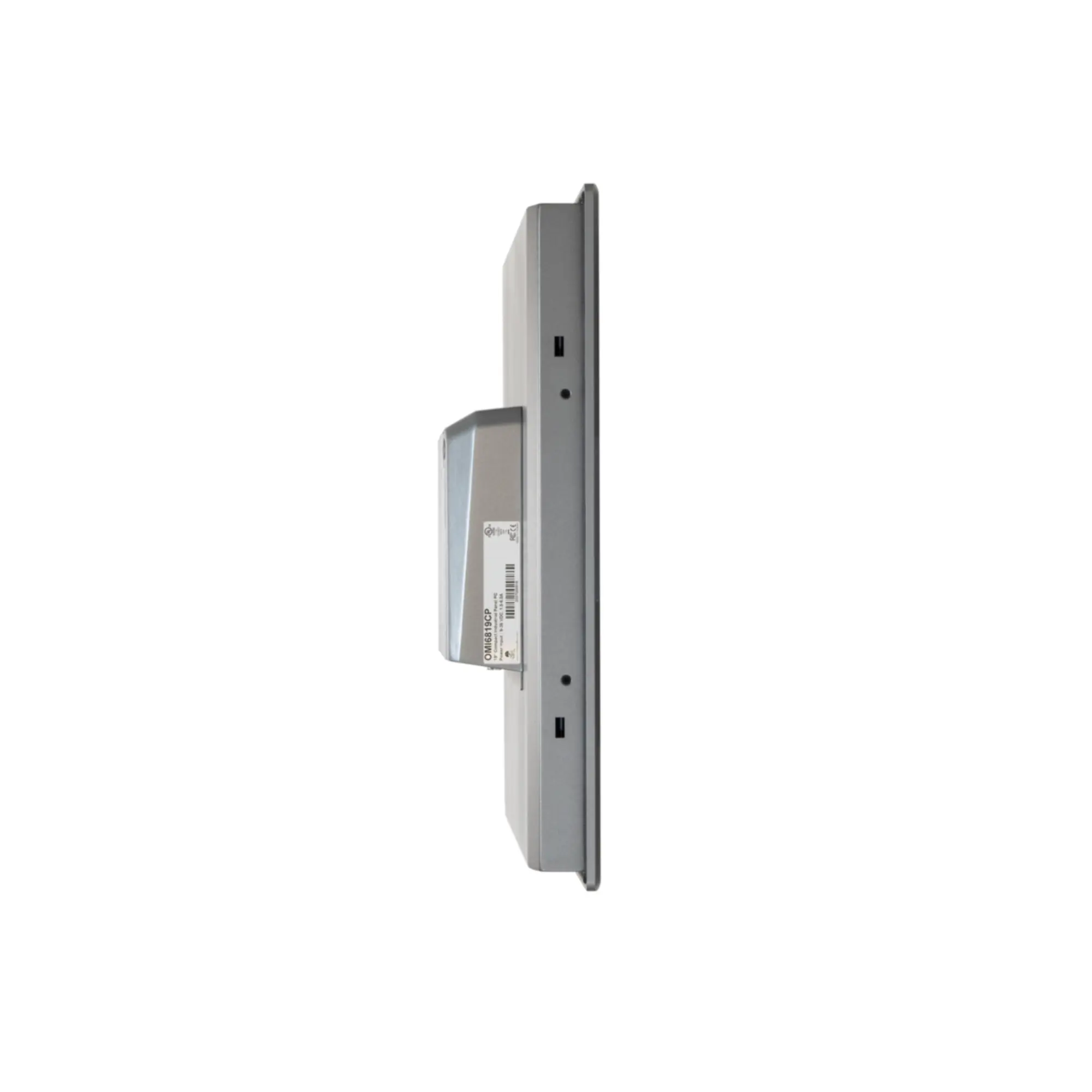 Maple Systems OMI6819CP 19" Industrial Panel PC with Windows or Linux OS, up to 32GB RAM and up to 2TB Storage side view showing mounting slots and product label placement