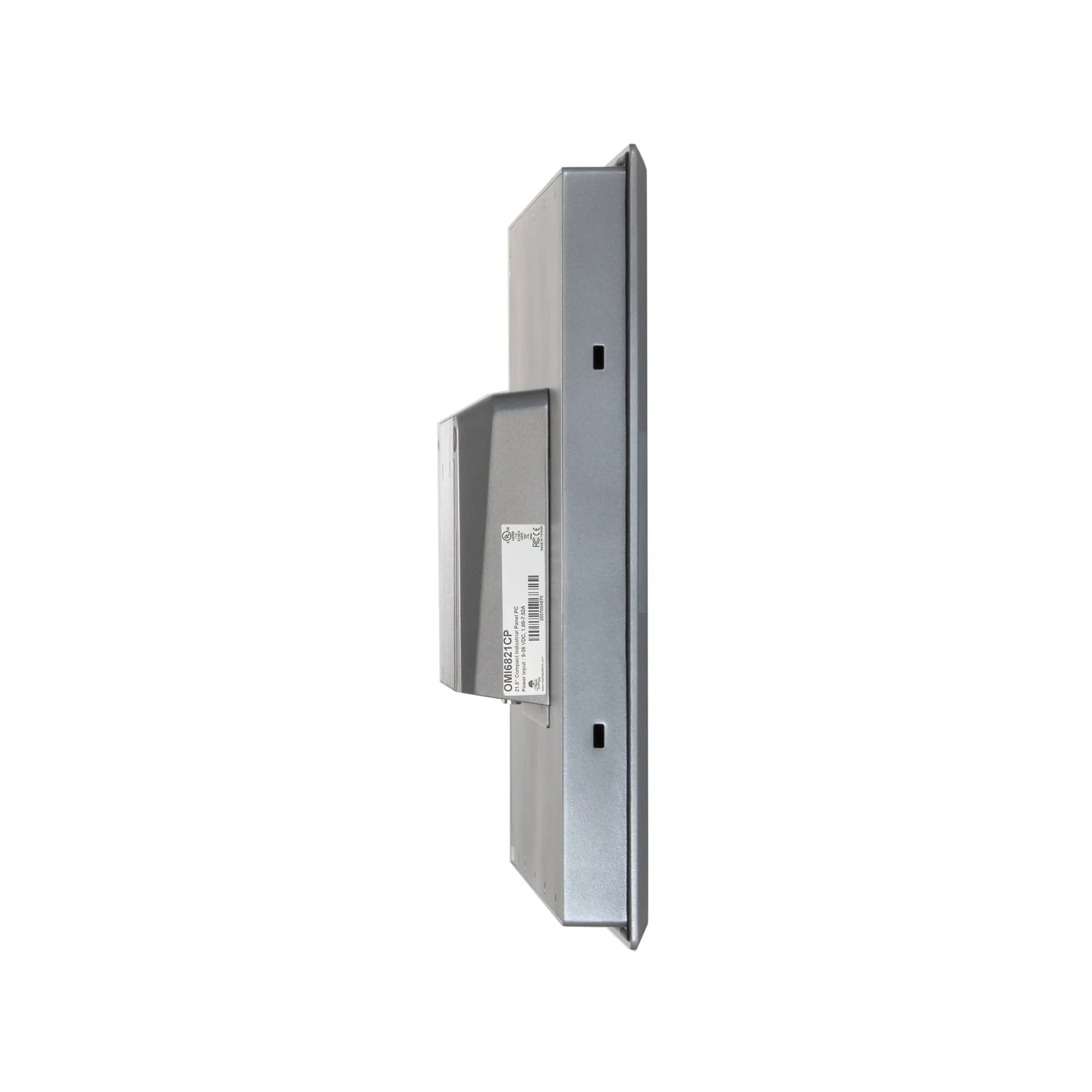 Maple Systems OMI6821CP 21.5" Industrial Panel PC with Windows or Linux OS, up to 32GB RAM and up to 2TB Storage side view showing product label placement and mounting slots