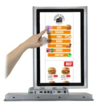 Maple Systems OMI6821CP 21.5" Industrial Panel PC with Windows or Linux OS, up to 32GB RAM and up to 2TB Storage Front view, vertical menu, portrait mode with capacitive touch and rear I/O shown
