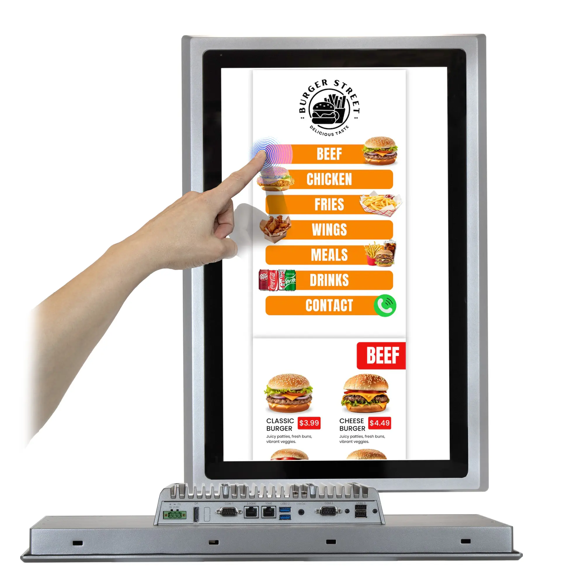 Maple Systems OMI6821CP 21.5" Industrial Panel PC with Windows or Linux OS, up to 32GB RAM and up to 2TB Storage Front view, vertical menu, portrait mode with capacitive touch and rear I/O shown