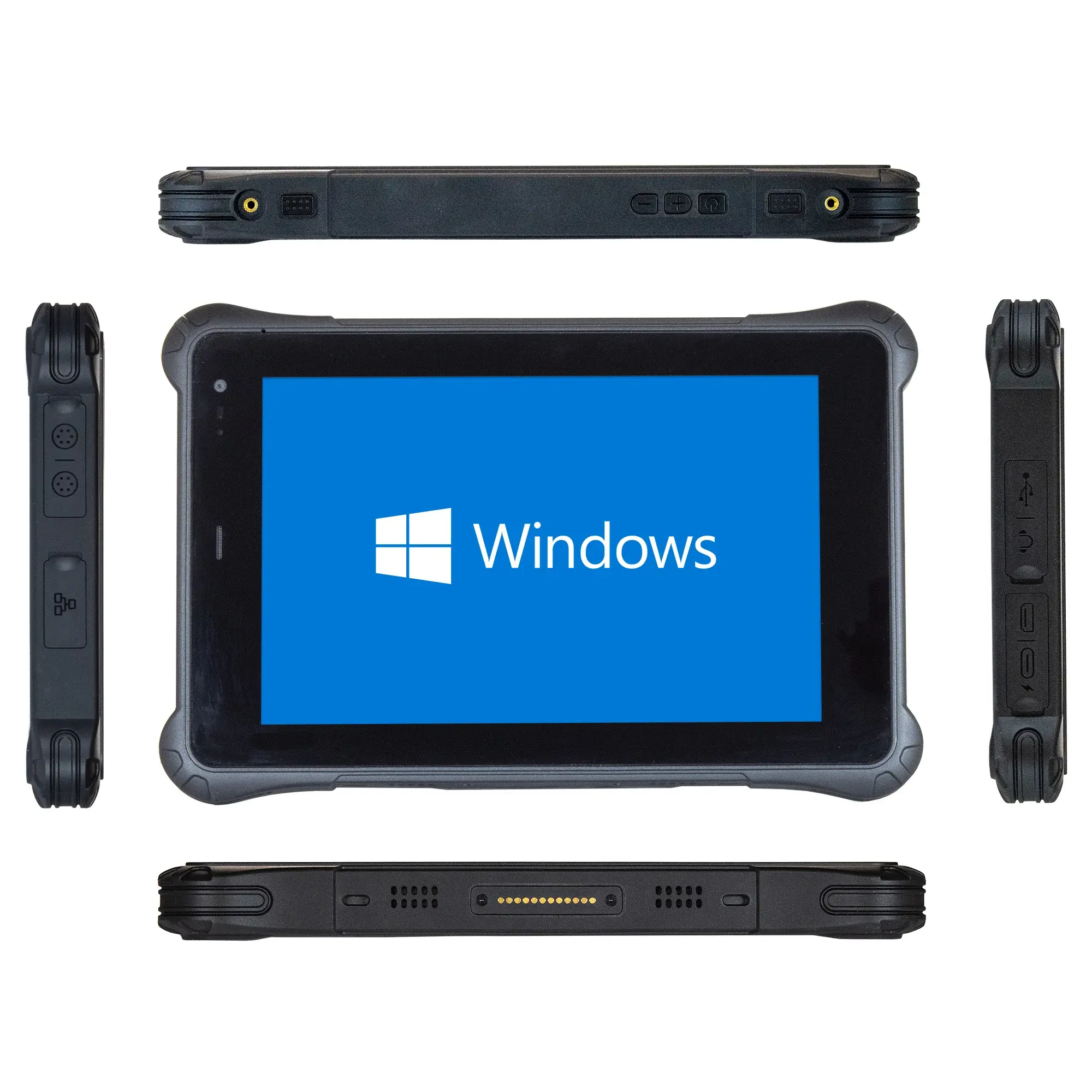 Maple Systems RT1108A, 8" Rugged Tablet with Windows 11 or Linux OS options all sides view showing all the available I/O ports