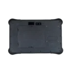 Maple Systems RT1108A, 8" Rugged Tablet with Windows 11 or Linux OS options rear view showing hand strap mounts, barcode reader, RFID reader, rear camera, shared battery compartment with SIM Card/SD Card slots