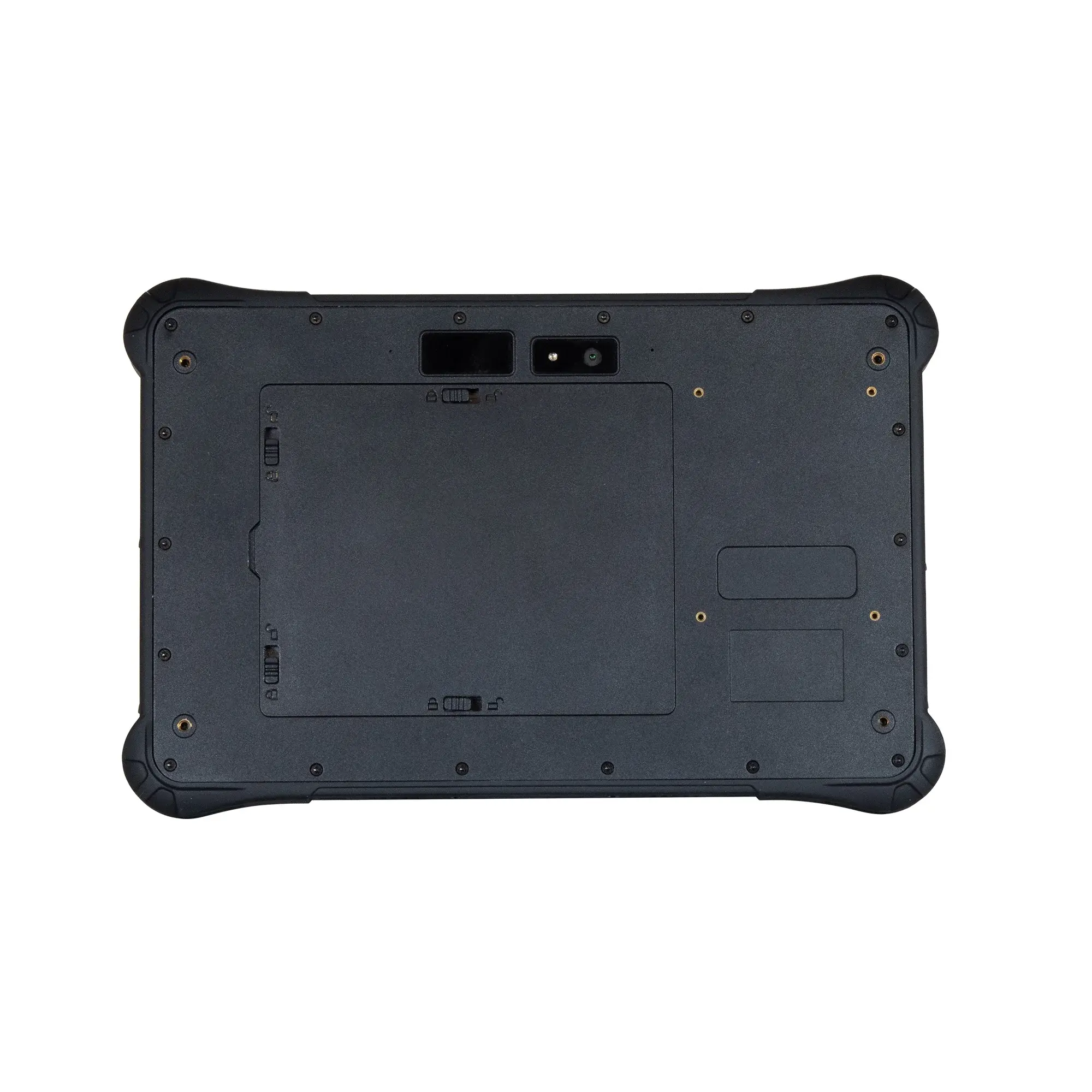 Maple Systems RT1108A, 8" Rugged Tablet with Windows 11 or Linux OS options rear view showing hand strap mounts, barcode reader, RFID reader, rear camera, shared battery compartment with SIM Card/SD Card slots