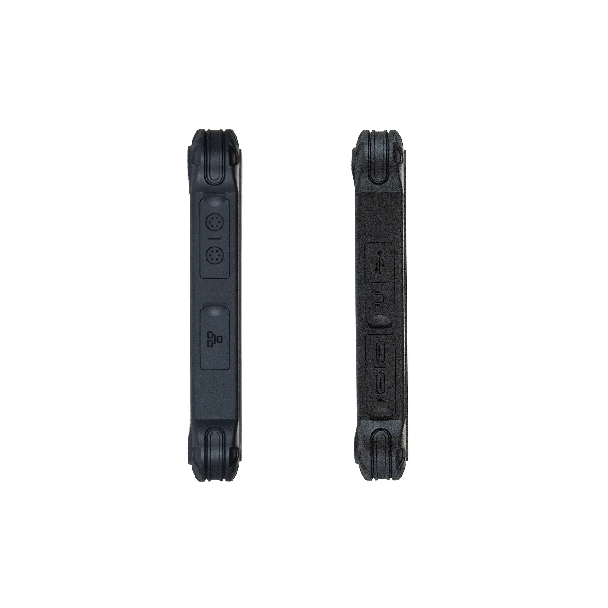 Maple Systems RT1108A, 8" Rugged Tablet with Windows 11 or Linux OS options side views showing USB-C charging port, mini HDMI port, Headphone Jack, USB-A 3.0 port, Ethernet port, aviation RS-232 plug-ins.