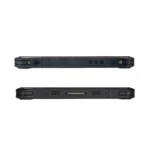 Maple Systems RT1108A, 8" Rugged Tablet with Windows 11 or Linux OS options top and bottom view showing the barcode scanner, power button, volume keys, speakers and docking station