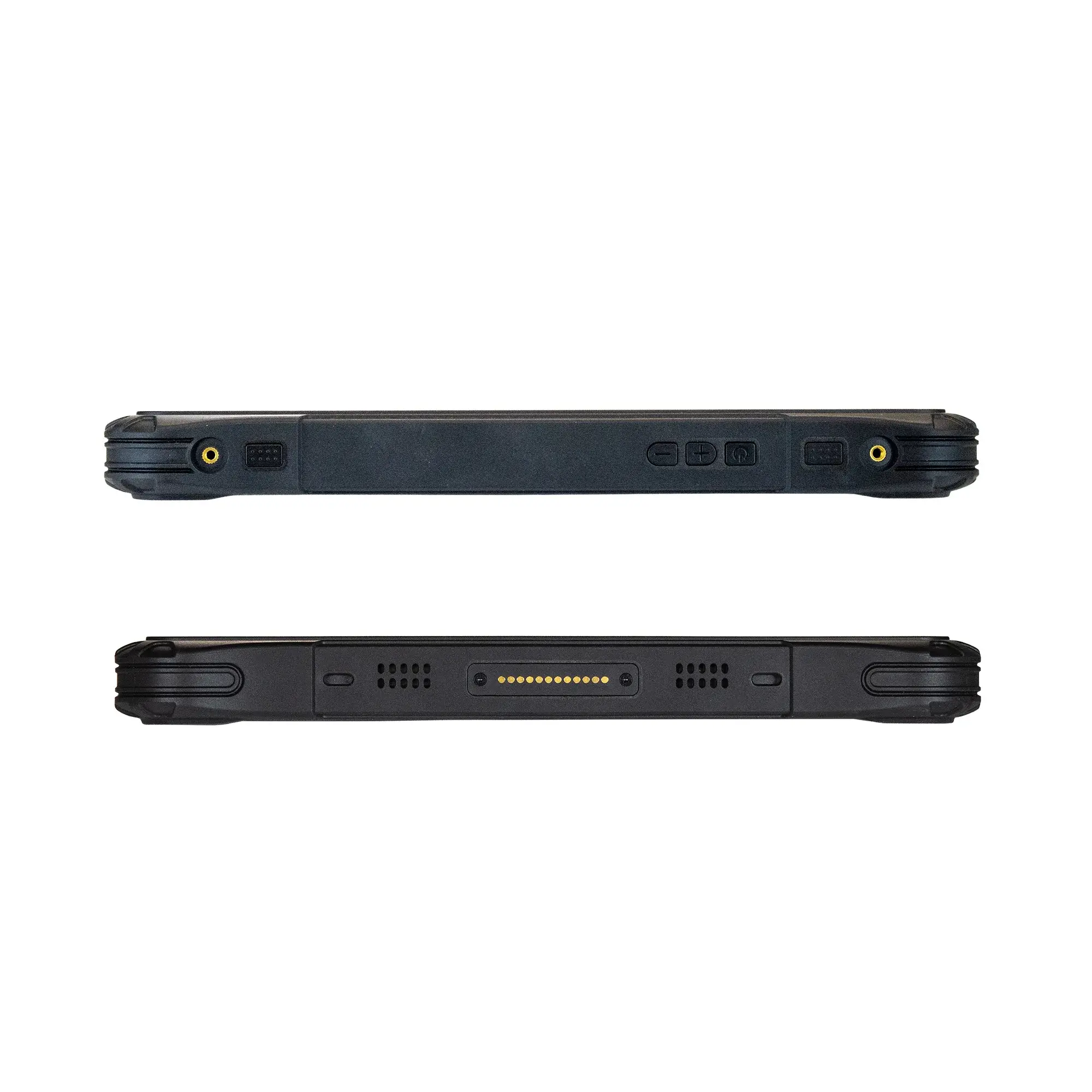 Maple Systems RT1108A, 8" Rugged Tablet with Windows 11 or Linux OS options top and bottom view showing the barcode scanner, power button, volume keys, speakers and docking station