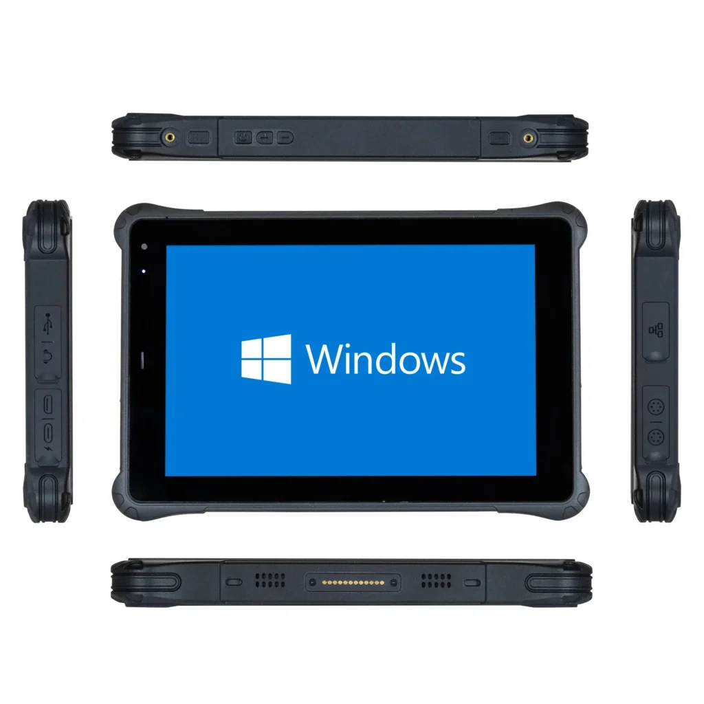 Maple Systems RT1110A, 10" Rugged Tablet with Windows 11 or Linux OS options all sides view showing all the available I/O ports