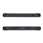 Maple Systems RT1110A, 10" Rugged Tablet with Windows 11 or Linux OS options top and bottom view showing the barcode scanner, power button, volume keys, speakers and docking station