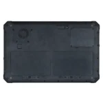 Maple Systems RT1211, 11" Rugged Tablet with Windows 11 or Linux OS options, rear view showing a speaker, dual battery compartments with shared SIM card slot, fingerprint scanner, expansion slot, rear camera, and hand strap mounts