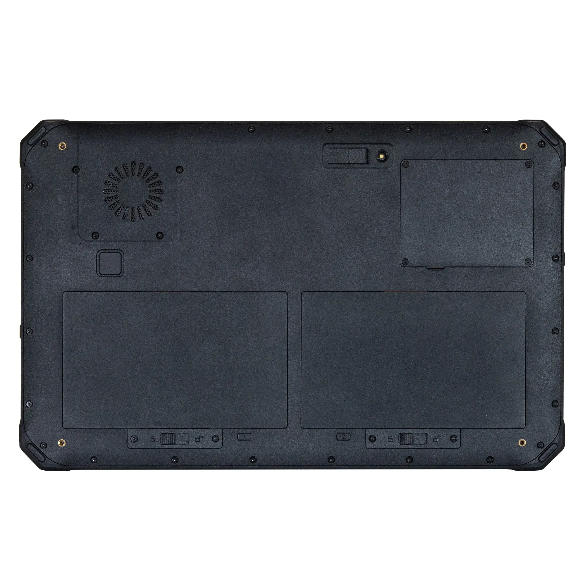Maple Systems RT1211, 11" Rugged Tablet with Windows 11 or Linux OS options, rear view showing a speaker, dual battery compartments with shared SIM card slot, fingerprint scanner, expansion slot, rear camera, and hand strap mounts