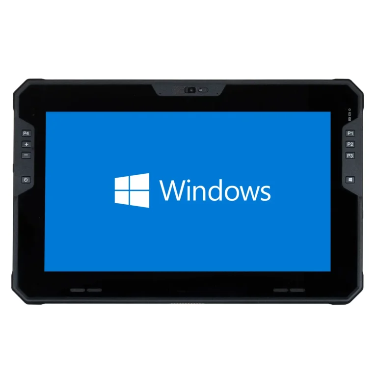 Maple Systems RT1211, 11" Rugged Tablet with Windows 11 or Linux OS options, front view showing programmable function keys, volume buttons, power button, Windows button, dual speakers, and front camera