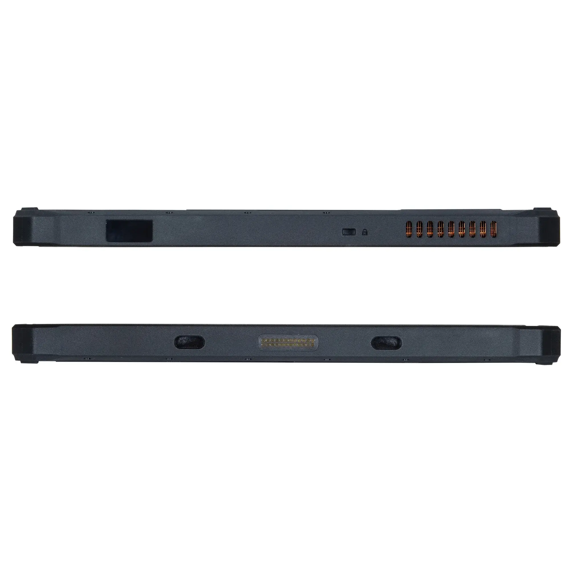 Maple Systems RT1211, 11" Rugged Tablet with Windows 11 or Linux OS options, top view showing barcode reader, Kensington lock, heat dissipation vents, and 12 pin docking station