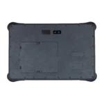 Maple Systems RT1310A, 10" Rugged Tablet with Android 11 OS rear view showing hand strap mounts, barcode reader, RFID reader, rear camera, shared battery compartment with SIM Card/SD Card slots