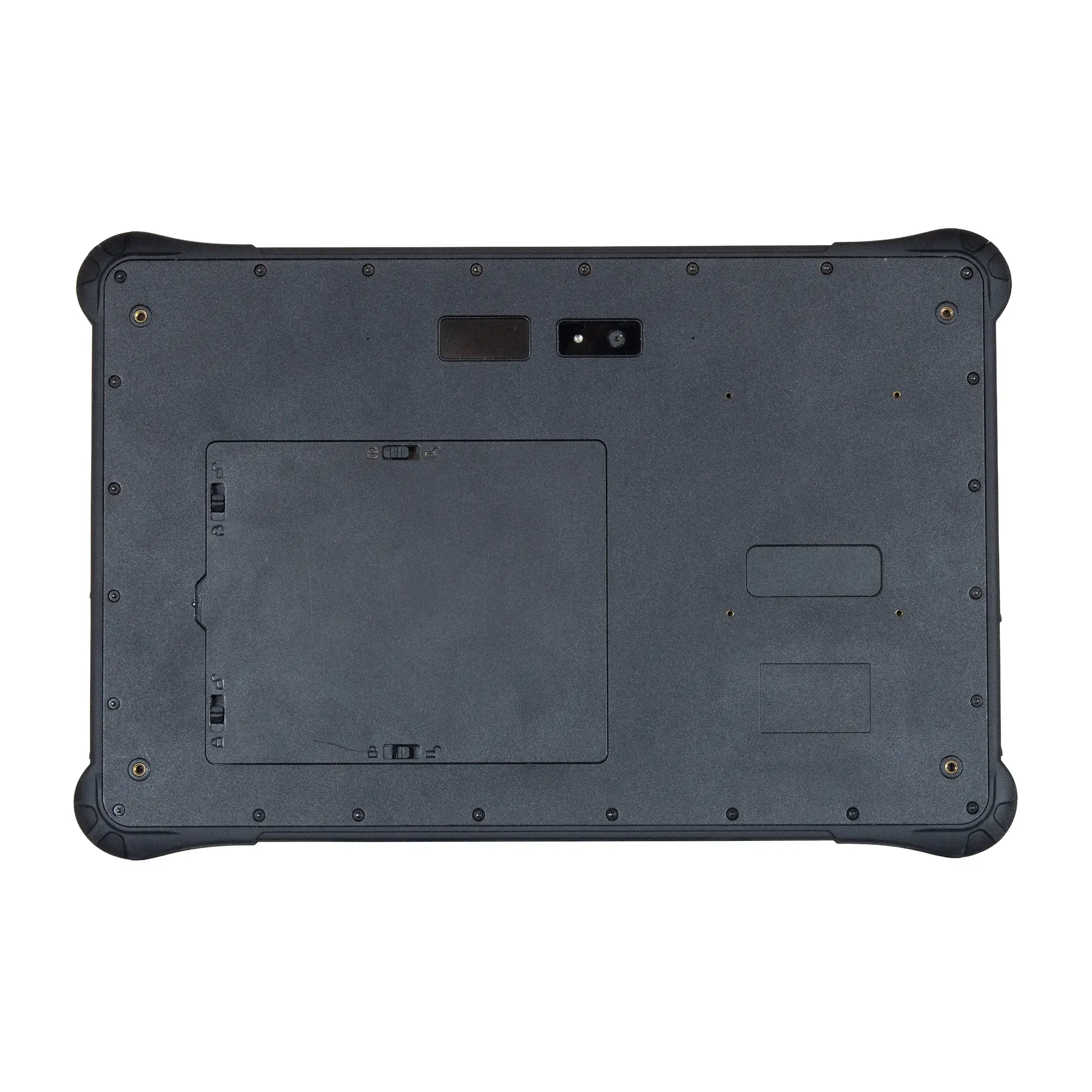 Maple Systems RT1310A, 10" Rugged Tablet with Android 11 OS rear view showing hand strap mounts, barcode reader, RFID reader, rear camera, shared battery compartment with SIM Card/SD Card slots