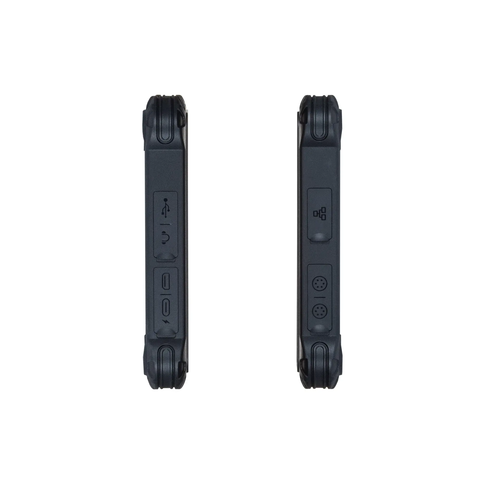 Maple Systems RT1310A, 10" Rugged Tablet with Android 11 OS side views showing USB-C charging port, mini HDMI port, Headphone Jack, USB-A 3.0 port, Ethernet port, aviation RS-232 plug-ins.