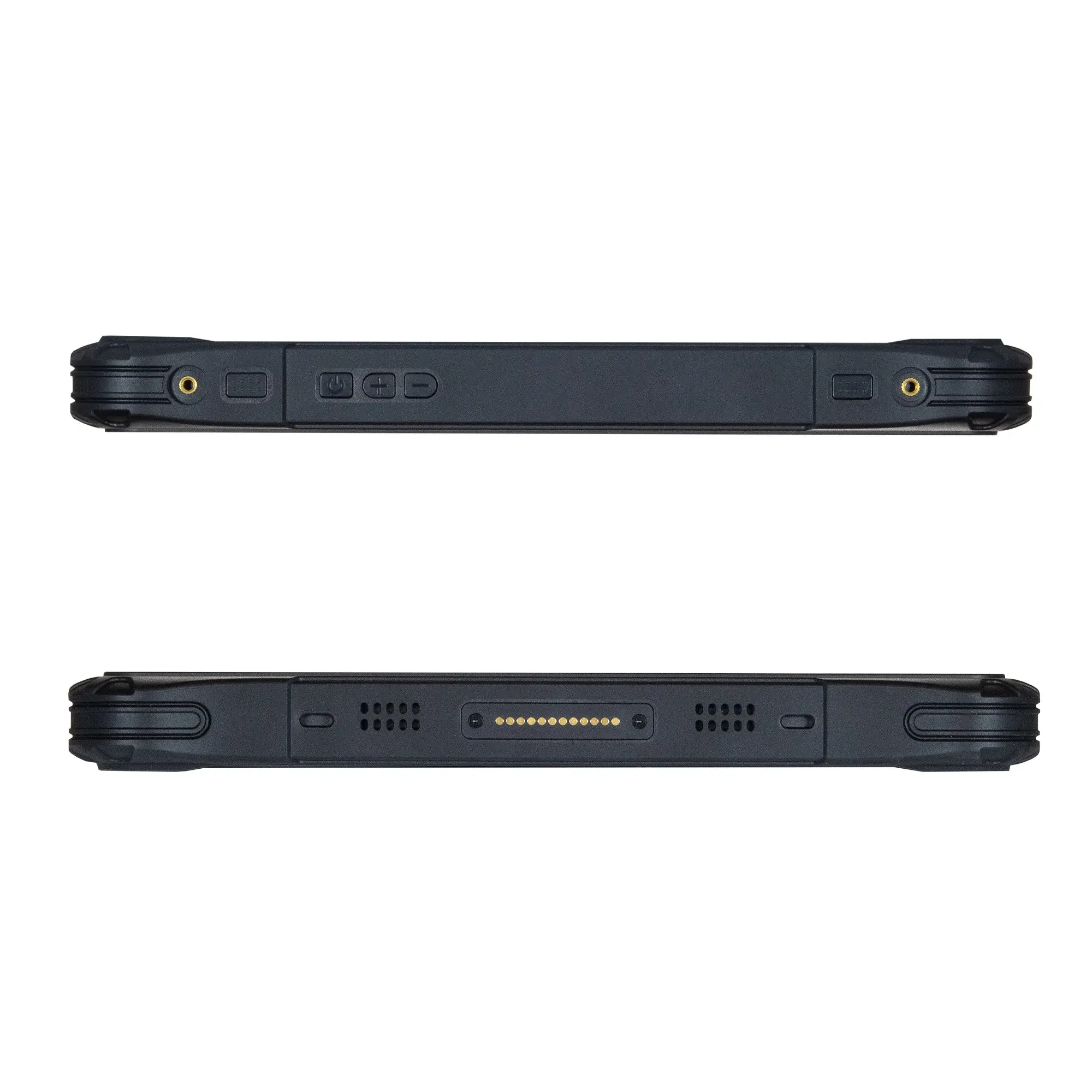 Maple Systems RT1310A, 10" Rugged Tablet with Android 11 OS top and bottom view showing the barcode scanner, power button, volume keys, speakers and docking station