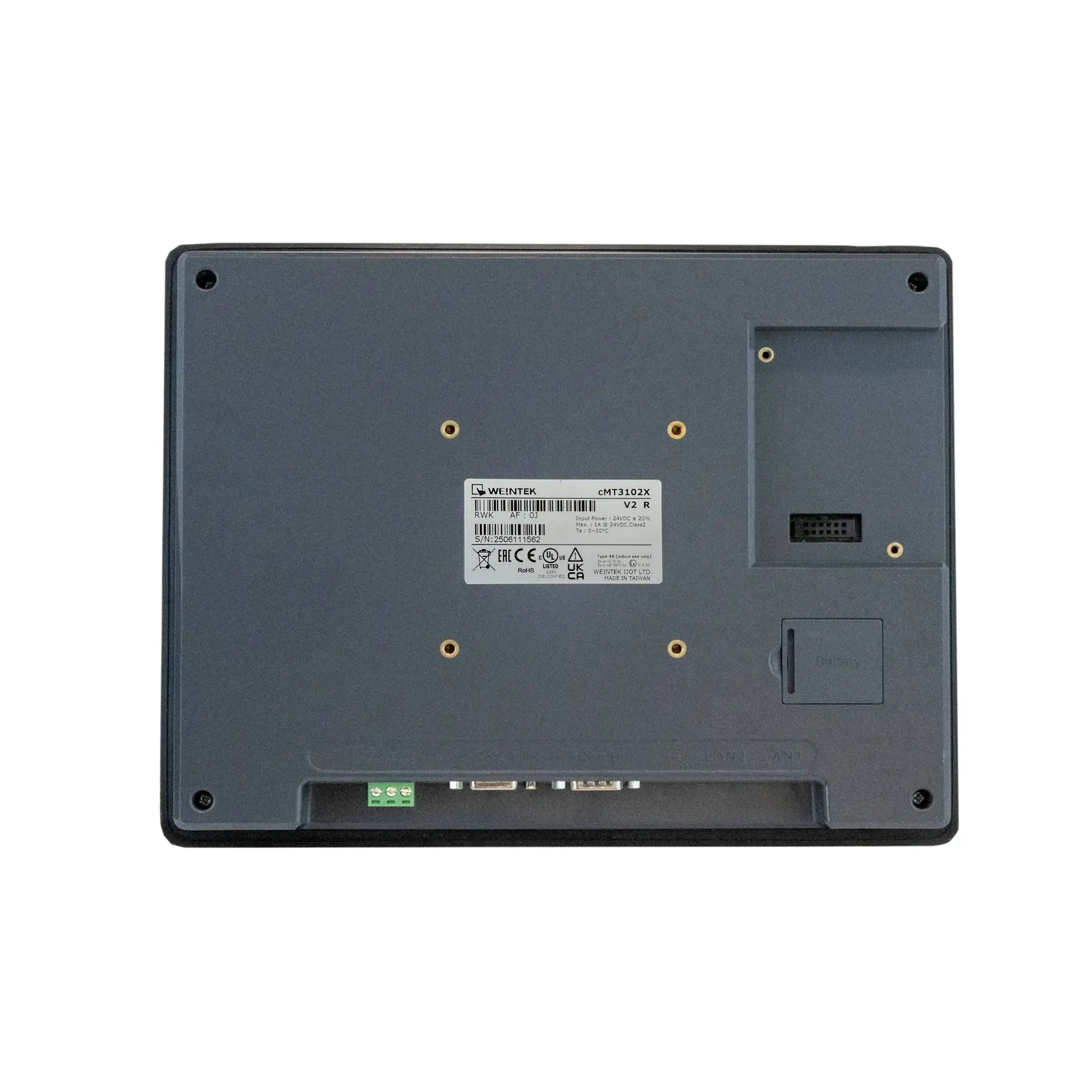 cMT3102Xv2R 10.1" High Performance HMI with Built-in RFID Rear Image Showing Product Label and Wi-Fi Adaptor Port