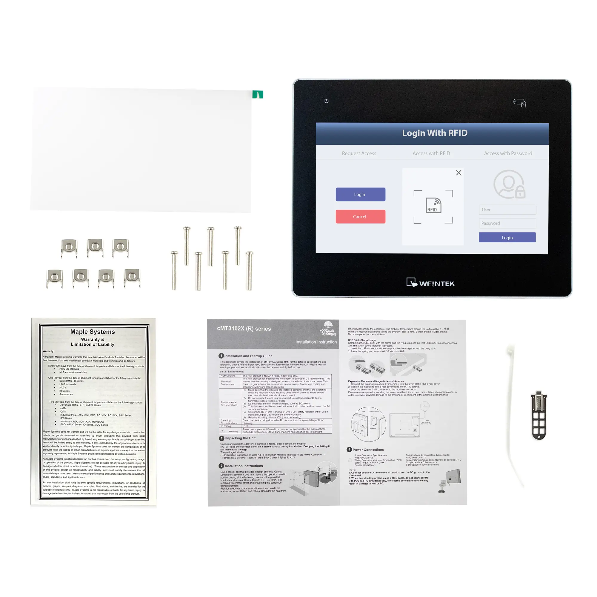 cMT3102Xv2R 10.1" High Performance HMI with Built-in RFID Whats in the Box Image with RFID Log-in Screen.