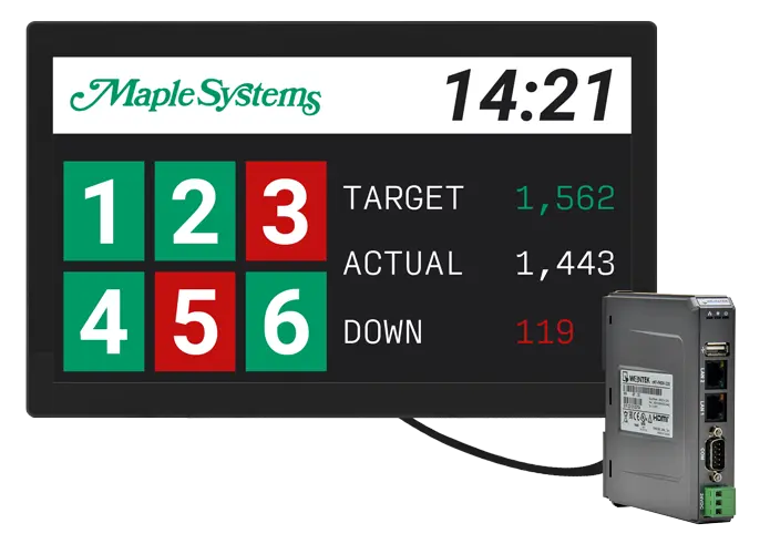 Maple Systems cMT-FHDX headless HMI connected to an Andon status display showing real-time production metrics.