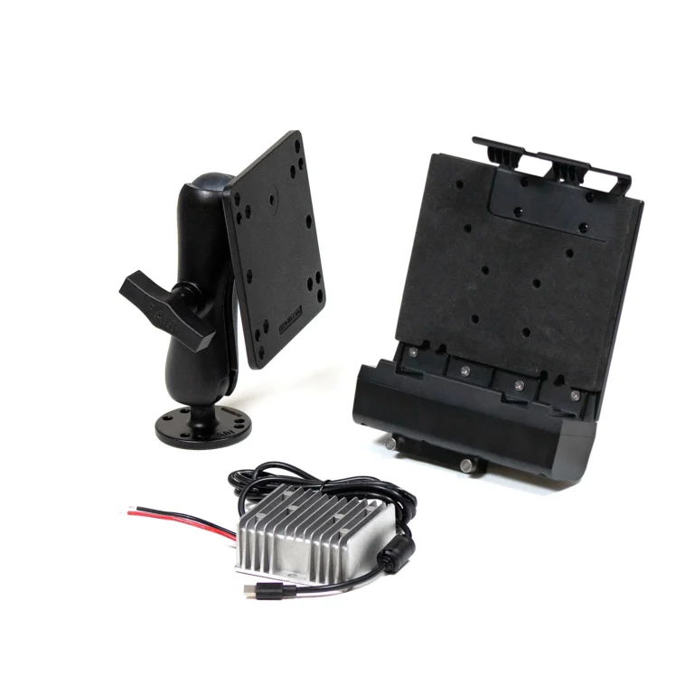 This accessory kit is for our 8" Rugged Tablets and includes a vehicle docking station, a vehicle mounting arm, and a vehicle charger (bare wires)