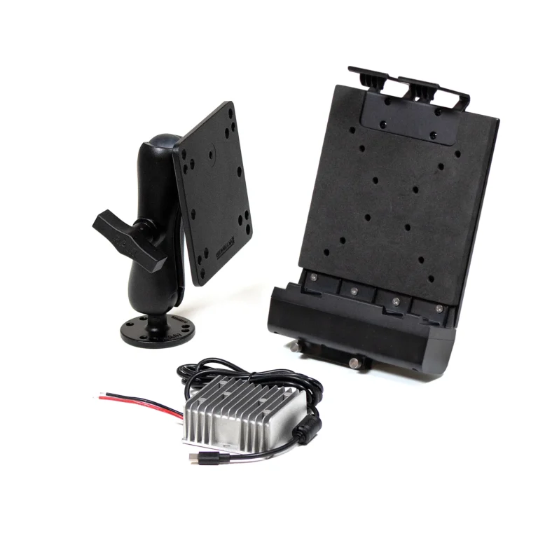 This accessory kit is for our 10.1" Rugged Tablets and includes a vehicle dock, vehicle mounting arm, and a vehicle charger (bare wires)