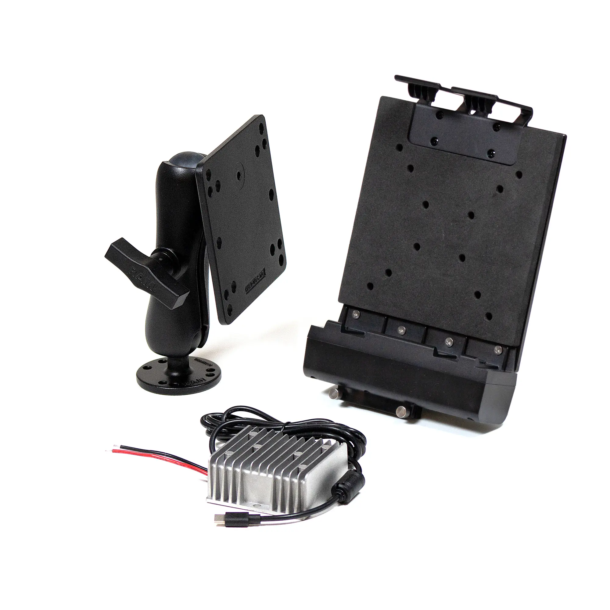 This accessory kit is for our 10.1" Rugged Tablets and includes a vehicle dock, vehicle mounting arm, and a vehicle charger (bare wires)
