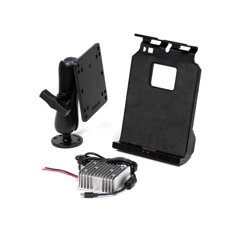 This accessory kit is for our 11.6" Rugged Tablets and includes a vehicle docking station, a vehicle mounting arm, and a vehicle charger (bare wires)