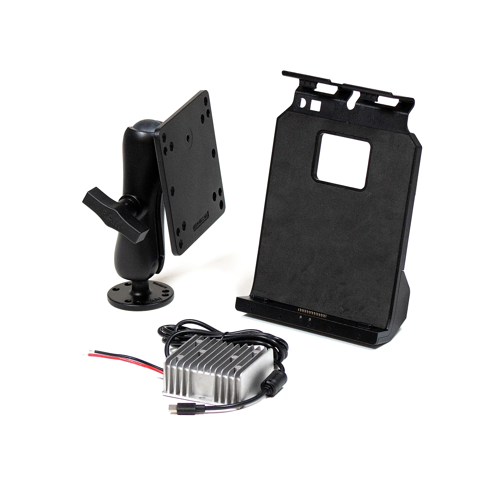This accessory kit is for our 11.6" Rugged Tablets and includes a vehicle docking station, a vehicle mounting arm, and a vehicle charger (bare wires)