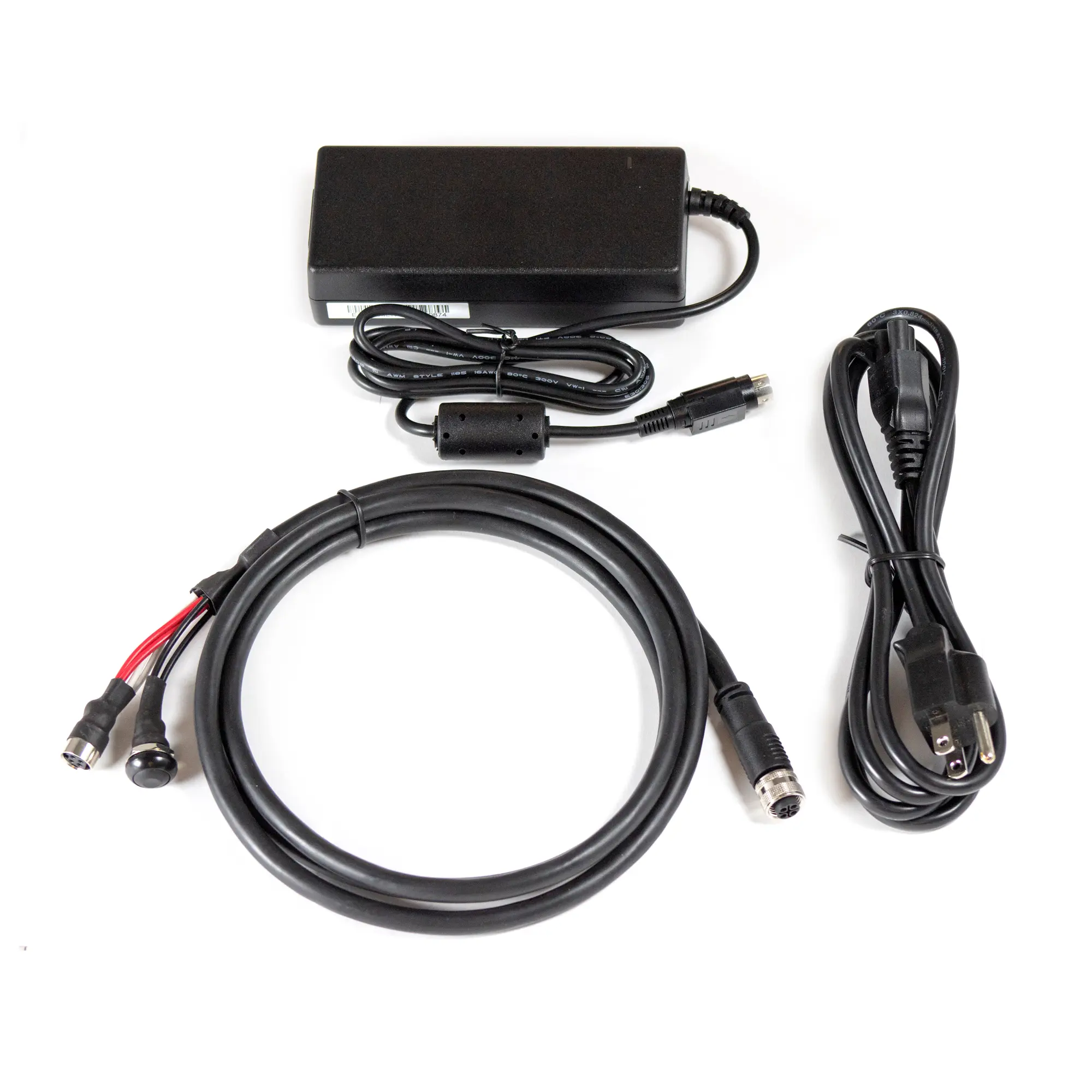 M12-power supply-4010-0024 Reliable 24VDC desktop switching power supply with 3.75A output, DIN-4P connector, M12 adapter, AC power cord, and remote switch button. For use with our PC8100AP Series Waterproof PCs