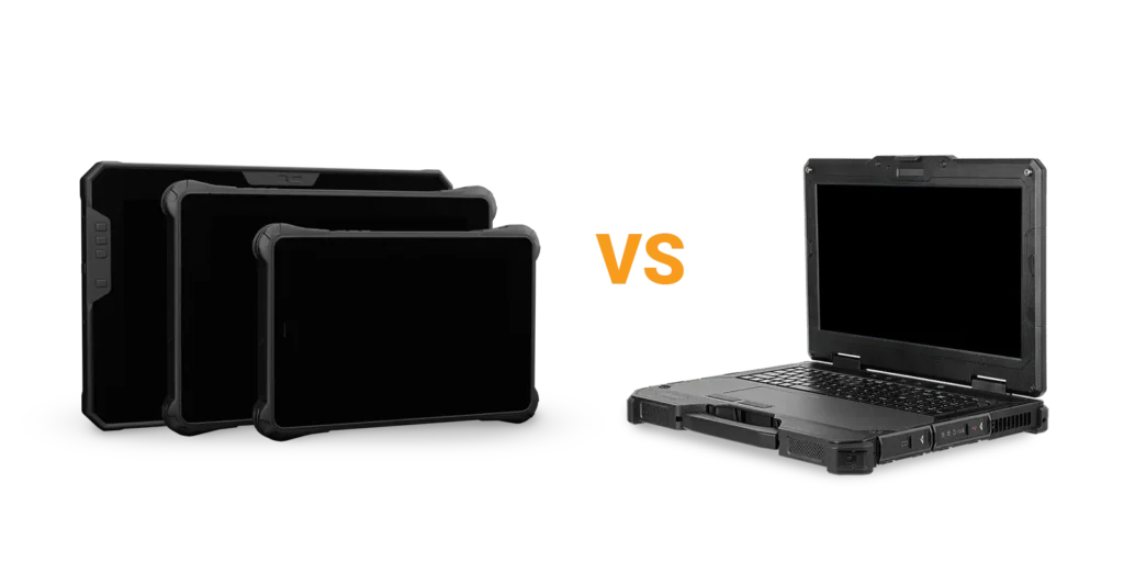 Tablets vs PCs Hero Image A group of rugged Tablets versus a rugged laptop