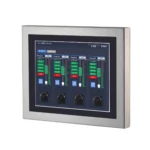 PC8116AP-Front 3 Quarter View 15.6" stainless steel industrial panel PC with IP66/IP69K protection, fanless design, and Intel® processor options. Ideal for food, beverage, outdoor kiosk and self service, and automation environments requiring durability and hygiene.