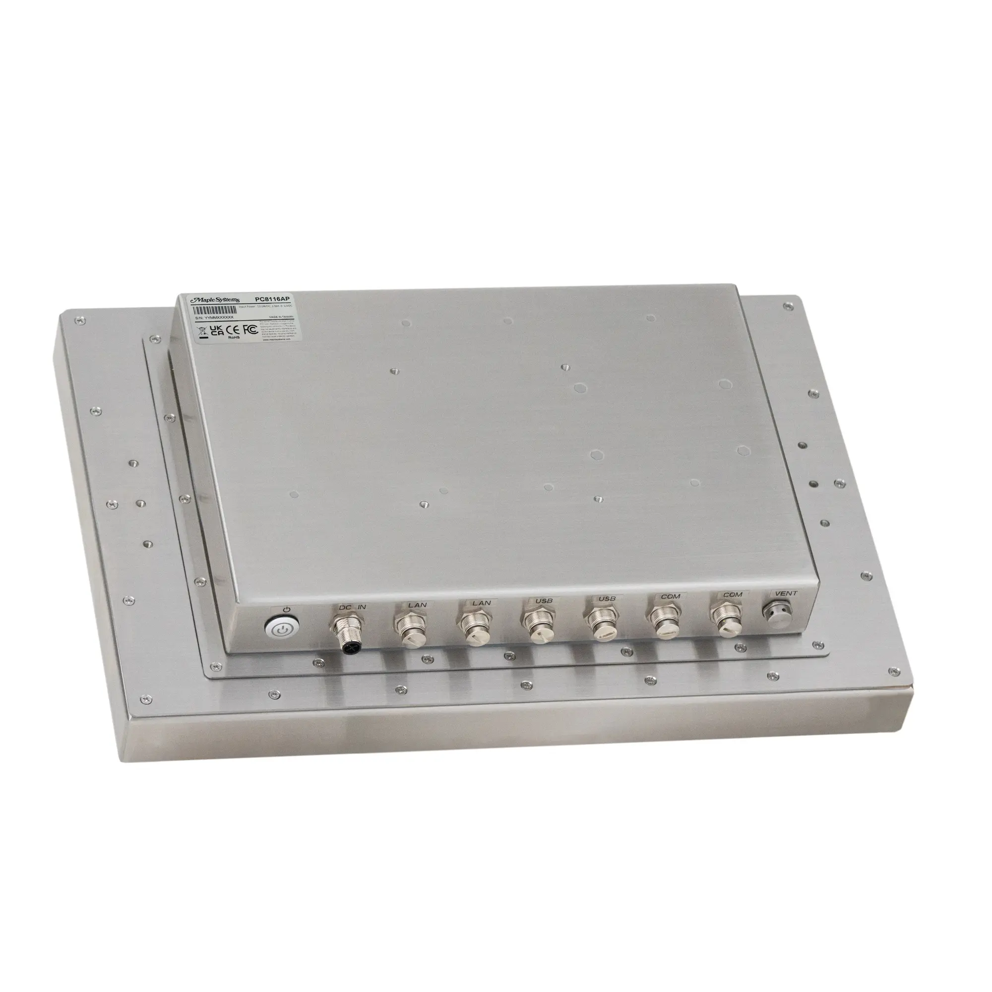 PC8116AP-Rear View Angle 15.6" stainless steel industrial panel PC with IP66/IP69K protection, fanless design, and Intel® processor options. Ideal for food, beverage, outdoor kiosk and self service, and automation environments requiring durability and hygiene.