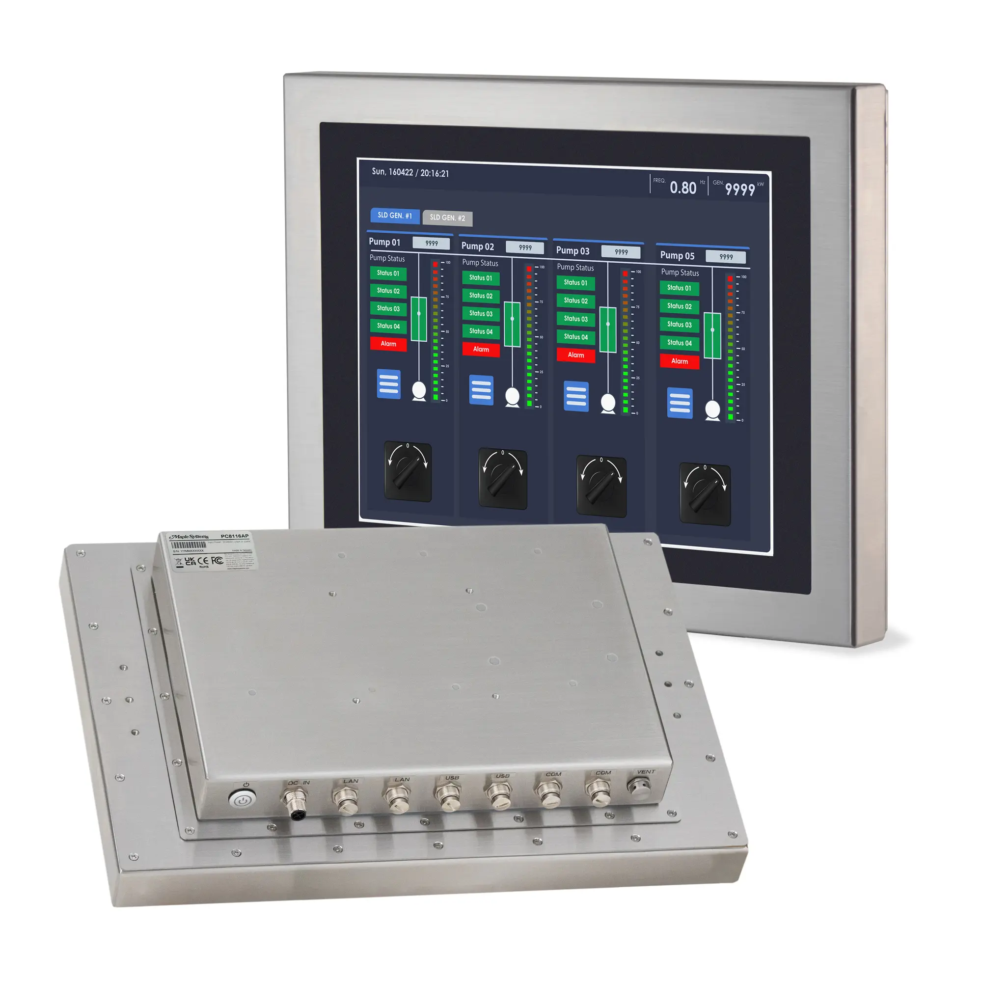 15.6" stainless steel industrial panel PC with IP66/IP69K protection, fanless design, and Intel® processor options. Ideal for food, beverage, outdoor kiosk and self service, and automation environments requiring durability and hygiene.