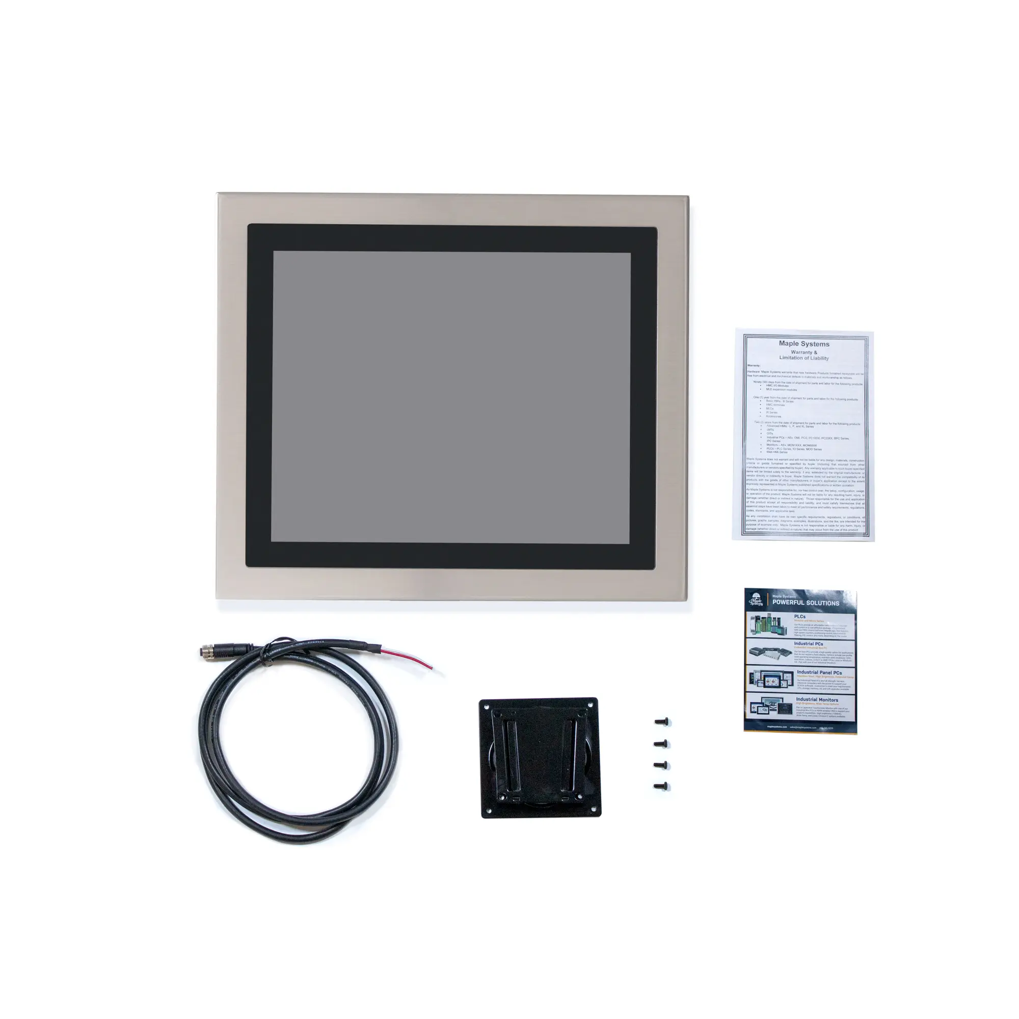 Our 17" waterproof industrial panel PC, PC8117AP comes with a VESA mounting kit and M12 power cable with each purchase.