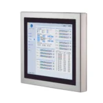 PC8117AP-Front-3qtr view 17" stainless steel industrial panel PC with IP66/IP69K protection, fanless design, and Intel® processor options. Ideal for food, beverage, outdoor kiosk and self service, and automation environments requiring durability and hygiene.