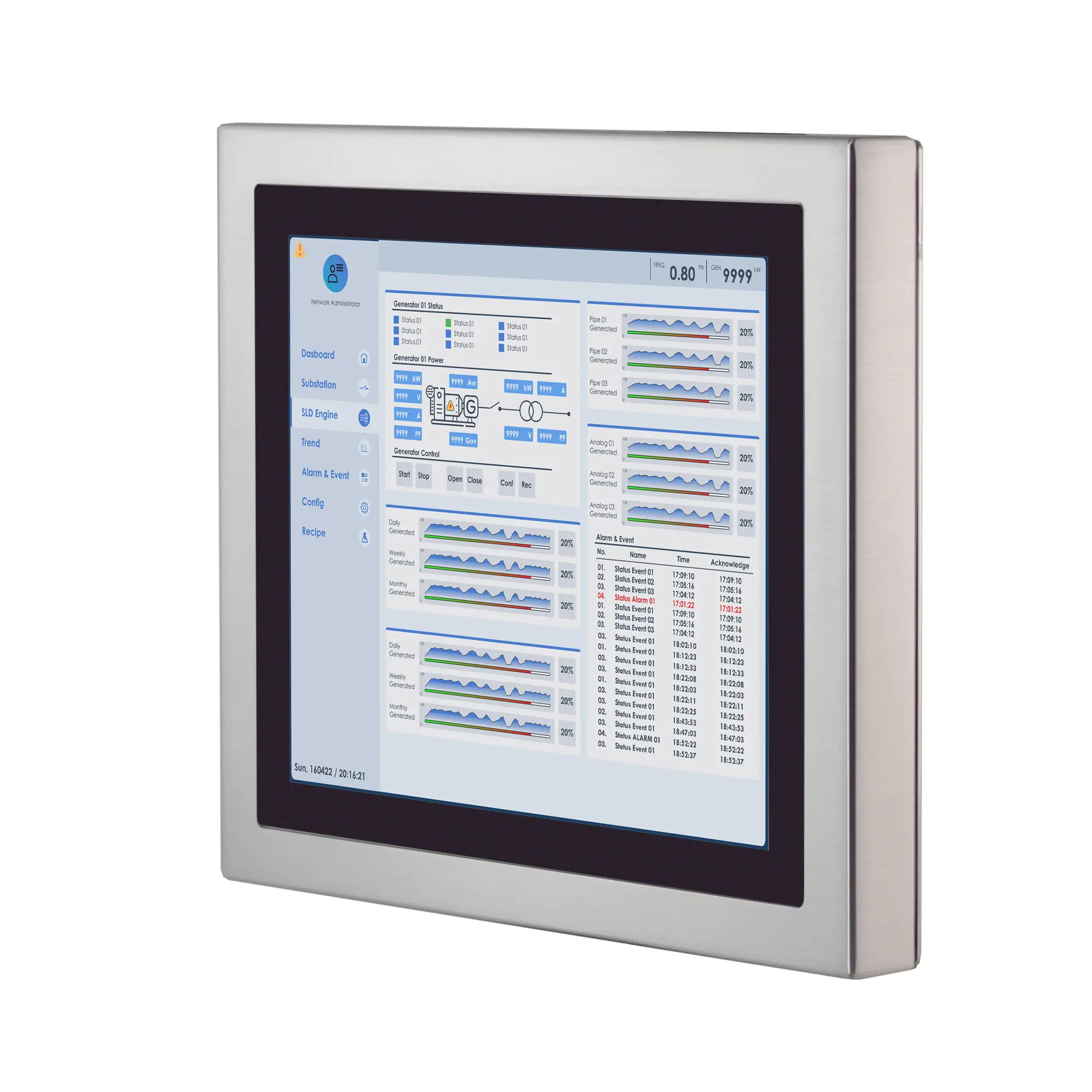 PC8117AP-Front-3qtr view 17" stainless steel industrial panel PC with IP66/IP69K protection, fanless design, and Intel® processor options. Ideal for food, beverage, outdoor kiosk and self service, and automation environments requiring durability and hygiene.