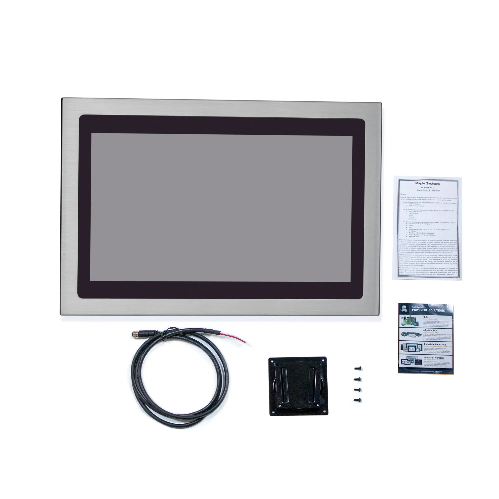 Our 21.5" waterproof industrial panel PC, PC8121AP comes with a VESA mounting kit and M12 power cable with each purchase.