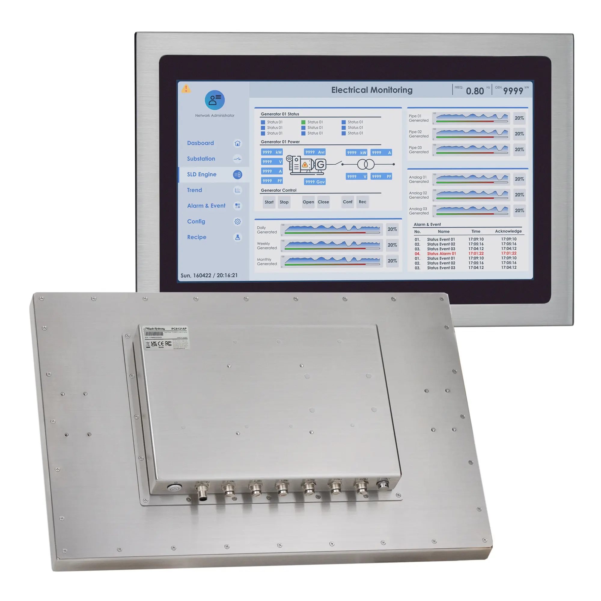 21.5" stainless steel industrial panel PC with IP66/IP69K protection, fanless design, and Intel® processor options. Ideal for food, beverage, outdoor kiosk and self service, and automation environments requiring durability and hygiene.