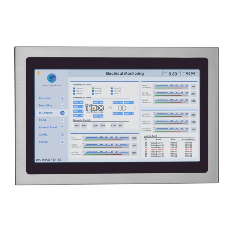 21.5" stainless steel industrial panel PC with IP66/IP69K protection, fanless design, and Intel® processor options. Ideal for food, beverage, outdoor kiosk and self service, and automation environments requiring durability and hygiene.