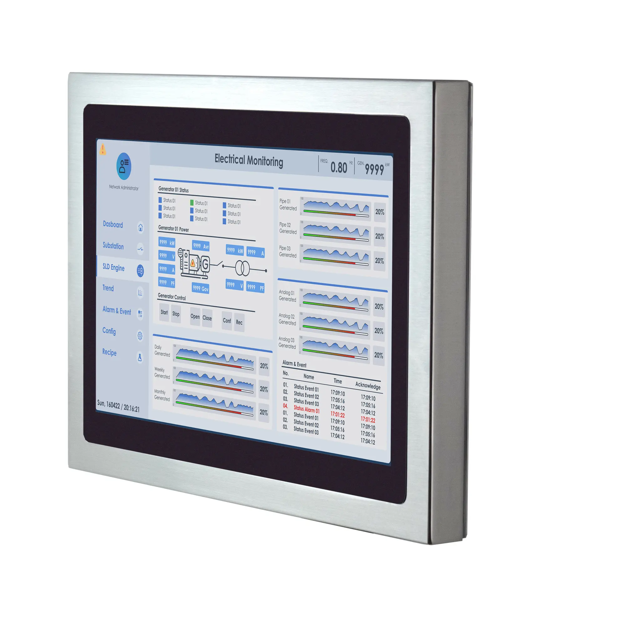 21.5" stainless steel industrial panel PC with IP66/IP69K protection, fanless design, and Intel® processor options. Ideal for food, beverage, outdoor kiosk and self service, and automation environments requiring durability and hygiene.