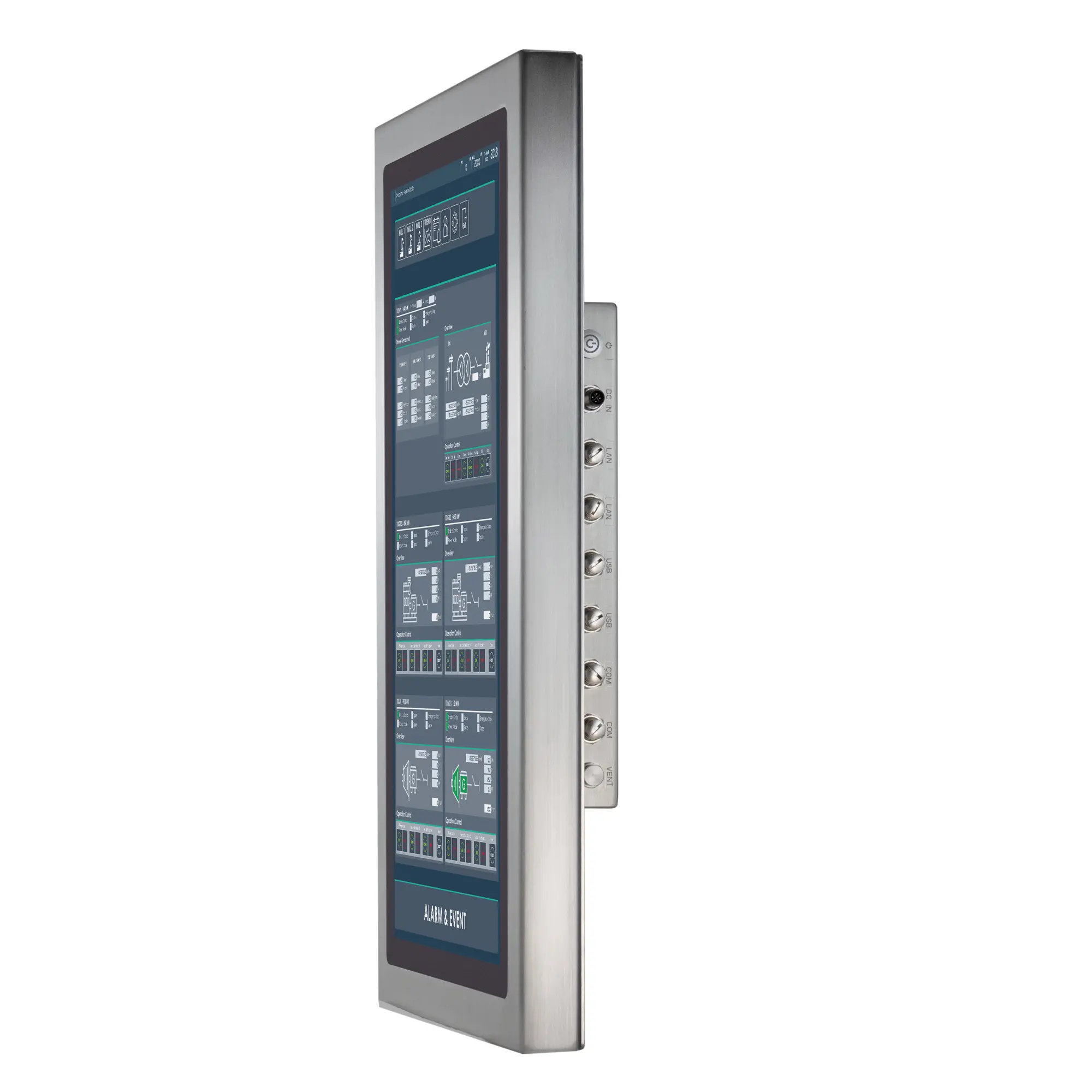 23.8" stainless steel industrial panel PC with IP66/IP69K protection, fanless design, and Intel® processor options. Ideal for food, beverage, outdoor kiosk and self service, and automation environments requiring durability and hygiene.