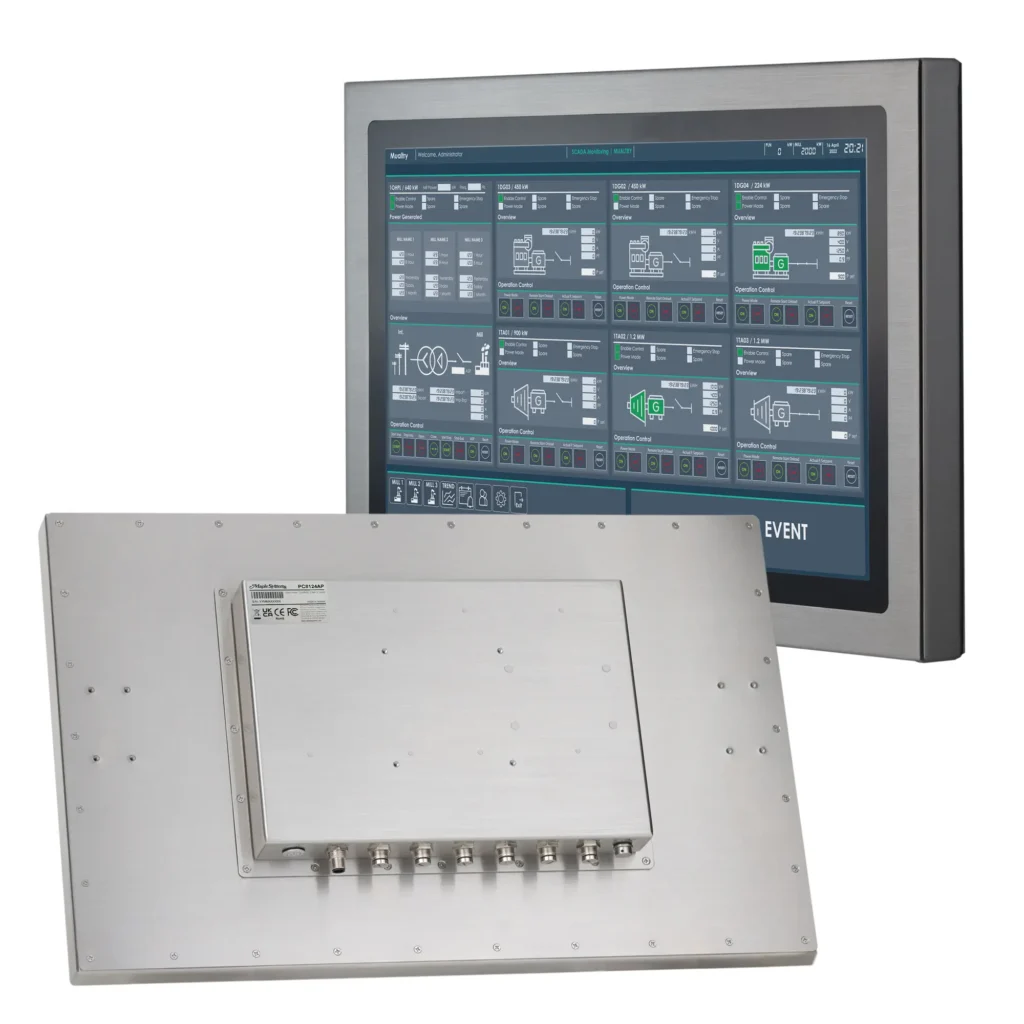 23.8" stainless steel industrial panel PC with IP66/IP69K protection, fanless design, and Intel® processor options. Ideal for food, beverage, outdoor kiosk and self service, and automation environments requiring durability and hygiene.