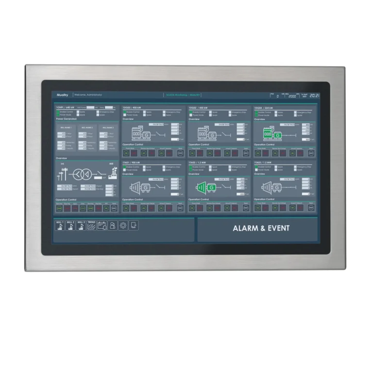 23.8" stainless steel industrial panel PC with IP66/IP69K protection, fanless design, and Intel® processor options. Ideal for food, beverage, outdoor kiosk and self service, and automation environments requiring durability and hygiene.