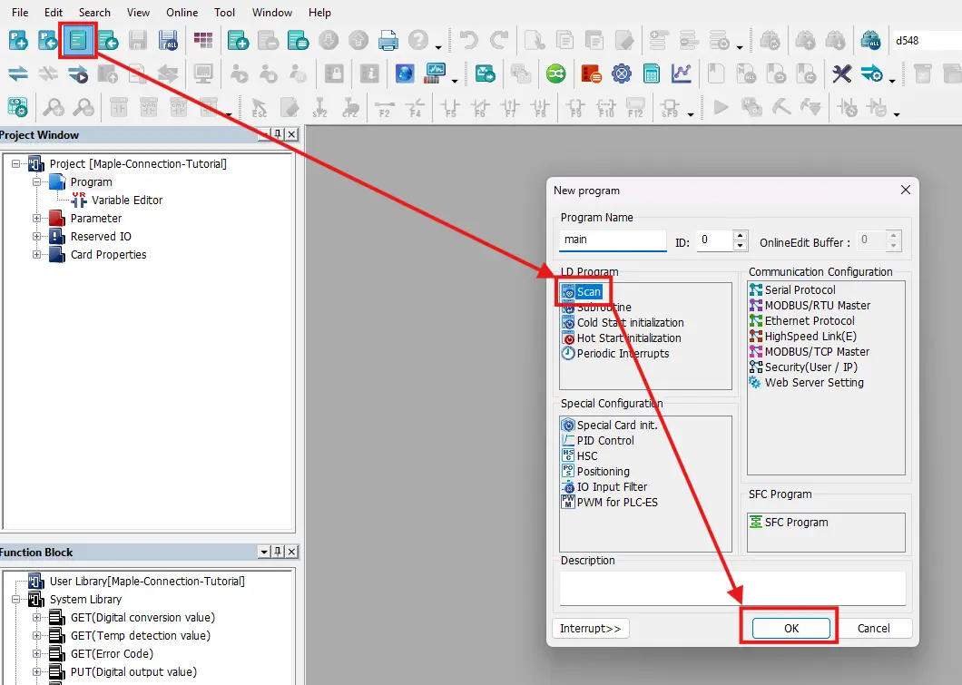 Creating a new main scan program in MapleLogic