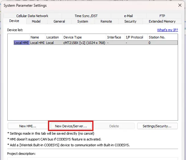 Selecting a new Device/Server